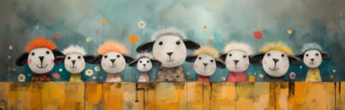 a row of cute miniature lambs, a collage of mixed media art made with tissue paper, magazine and newspaper clippings, oil paint, graphite pencil lines and fabric, in the style of playful surrealism, whimsical, washi tape