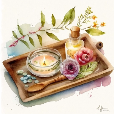 watercolor by nita engle clipart, a wooden tray with spa items and candles, white background