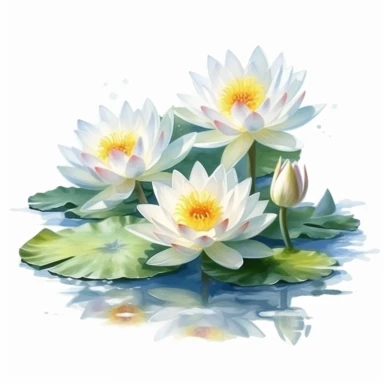 lotus flowers with yellow blossoms floating on the water artistic watercolor with a delicate touch with shadow gradation white background clipart high quality 8k hyper detailed