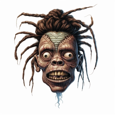 a voodoo shrunken head with mouth and eyes stitched shut, calm expression, dark shrivelled skin, pastel, photorealistic, hyper realistic, ultra high-detail, dark outlines, white background, clipart,