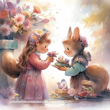 2 girls, squirrel girls, Little girl exploring, rainbow and flowers, illustration for book, children's book, 2 clipart, fiorucci angels, beautiful decoupage paper, pastel colors, clipartm, fantasy art, squirrel ears, perfect eyes, detailed body, Watercolor Clipart, strybk, full Illustration, 4k, sharp focus, watercolor, smooth soft skin, symmetrical, soft lighting, detailed face, concept art, watercolor style, strybk, children's style fairy tales, chibi kawaii, Octane rendering, 3d. Perfect face