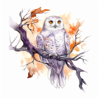 hand drawn spooky branch with cobwebs and leaves, snowy owl with glowing eyes perched on the branch,Halloween, purple and orange shades,fantasy, glamorous, , clipart style, detailed and realistic, watercolor, white background with margins