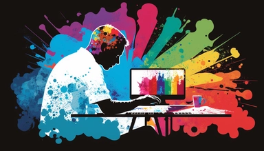 A silhouette of a designer working on a graphic tablet, surrounded by a collage of sleek, vector-based illustrations in a rainbow of colors. The background is a watercolor explosion of vivid hues, representing the current state of clipart as a versatile and diverse medium, hand-drawn, watercolor, wet paint, mixed media 4k, pantone, Dot, Large, Accent Lighting, high detail, Carbonated