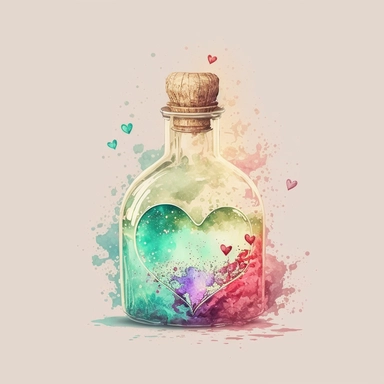 stronger colors dream illusion pastel color water white background clear old rustic Heart Bottle classic potion Valentine's Day Clipart vintage watercolor