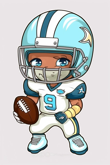 american football player chibi style sharp and detailed watercolor on paper happy eyes kawaii cartoon eyes in anime style. vector illustration sharp and detailed mouth with smile delicate and cute face holding a ball character with dynamic pose light blue uniform with sharp and detailed white light blue headgear with blank sharp and detailed watercolor style soft cartoon character clipart 32k