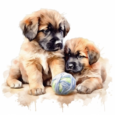 Watercolor puppies playing, with ball of wool Clipart - cute dogs , Colour of brindle brown and cream, white background, vector art, high definition, clip art, ar 2:2
