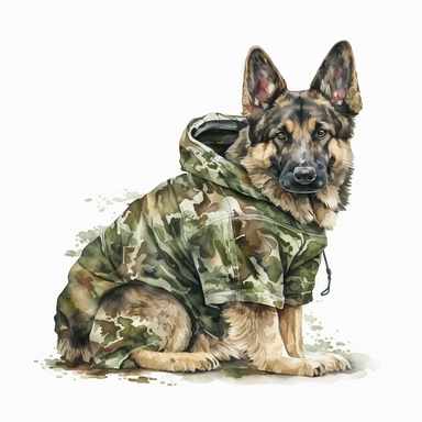 german shepherd dog wearing camouflage clothing, sublimation, watercolour, clipart, white background