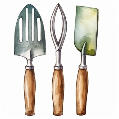 Watercolor garden tools fork and shovel, extremely detailed, illustration clipart, white background