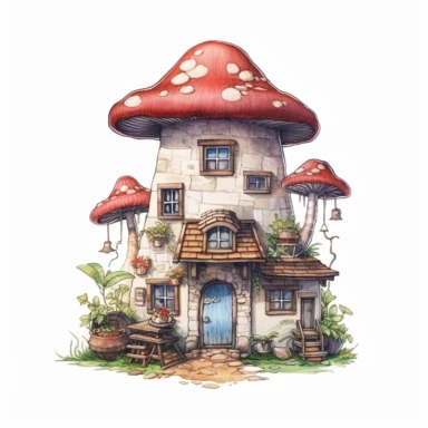 watercolor, hyper realistic, white background, white margins, 16k, ultra detailed clipart, cut out image, hand-drawn, whimsical manhwa style, ultra HD, sharp and clean art mushroom transformed into a cozy dwelling. The stem can serve as the base of the house, while the cap forms the roof, complete with windows and a charming door. Add details like chimney smoke or decorative elements for a magical touch.