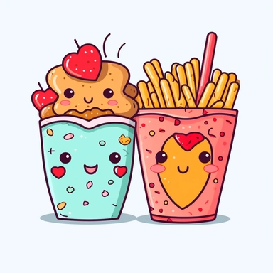 vector black and white, Cute kawaii fast food pairs, valentines food clip art, food couple, drinks clipart, love hearts background. clip art, food PNG, line art