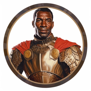 Arthur Sarnoff's character portrait circular tondo depicting a dark-skinned uniformed knight, Mike Allred Josh Kirby, clipart illustration, circular solid background circular border