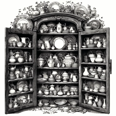 An intricate ink drawing of a cabinet full of old and broken plates, ominous looking, black and white, white background, clipart