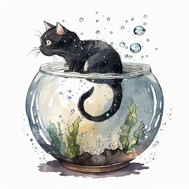 cat stuck in a fishbowl, cartoon style, white background, black outside lines, designs, white background, watercolor, small details, digital art, clipart, super acurate, –testp,