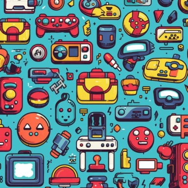 A clip art pattern featuring retro arcade game elements, such as joystick controllers, pixelated characters, and high-score numbers, invoking nostalgia