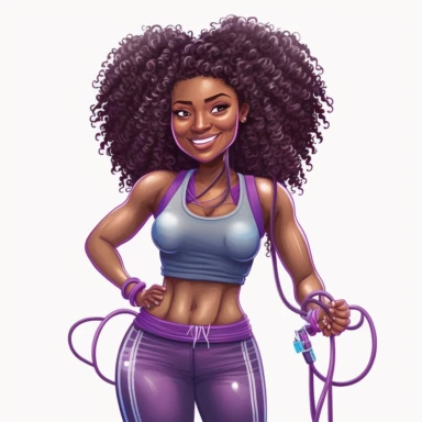 lean black woman with curly hair, smiling, in purple workout clothes clipart, holding a jump rope, wearing sneakers, detailed, rendered, illustration clipart