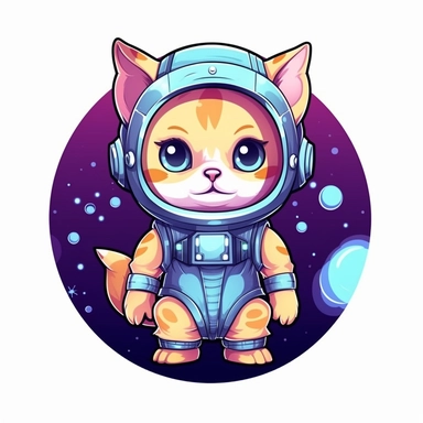 Create a clipart of an adorable astronaut cat floating in space, wearing a spacesuit and a helmet. The cat should have big, curious eyes, and the spaceship in the background should have a futuristic design with bright, colorful lights. Make sure the cat's paws are visible and that it looks like it's enjoying its space adventure. This clipart should be suitable for children's books or educational materials about space.