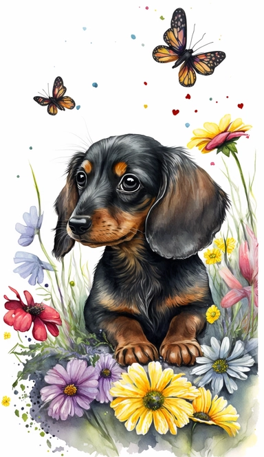 A cute baby Dachshund puppy sitting in a bed of colorful flowers, looking up at the sky with curious eyes, surrounded by butterflies and bees, evoking a sense of innocence and wonder, Watercolor painting with a bright and cheerful color palette, emphasizing the playfulness of the scene, watercolor clipart, white background