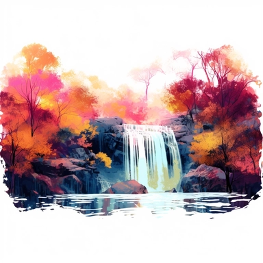 holographic waterfall scene featuring the waterfall surrounded by autumn trees. watercolor clipart. Normal lighting. The colors should be ethereal and artsy. Please ensure that the watercolor art style does not cause confusion with the actual water in the scene, which is holographic. The composition should showcase the best view of the waterfall.