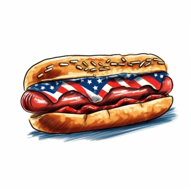 american patriotic flag hot dog clipart illustration, centred, vibrant colors, red, white and blue, add the flag, on a white background, no watermark, no logo, no writing