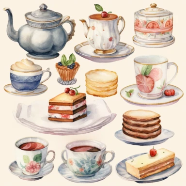 Watercolor vintage tea party items, illustrations clipart set, simple, soft colors, cartoon elements, different variants, teapot, sugar bowl, bun, jug of milk, cake stand, scones, china cup and saucer, , napkin, clotted cream, , knife, fork, jam, slice of cake on plate, tea cups, stacked teacups, lemondish, butter and bisciuits, , tea jars, , separate elements with a margin