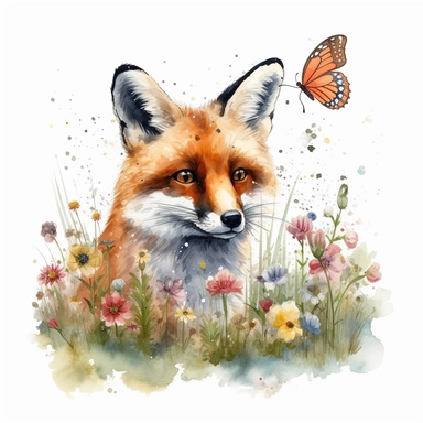 Fox look into away, half of fox body surrounded by long grass and flowers, little butterflies, colorful, watercolor clipart, white background