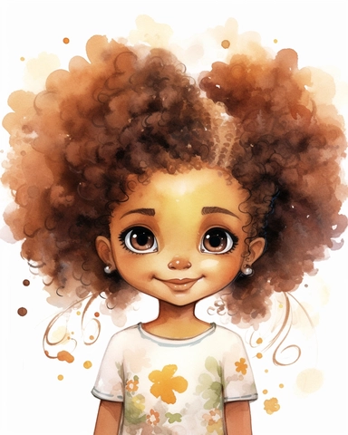 a little afro girl portrait in watercolor Disney style clipart on white background, hugh eyes, sarah kay, holly hobbies, valentines day