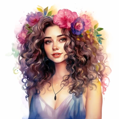Create a watercolor clipart portrait of a young model with curly hair, wearing bohemian-inspired clothing and accessories like flowy dresses, floral headbands, and layered jewelry, clipart, white background