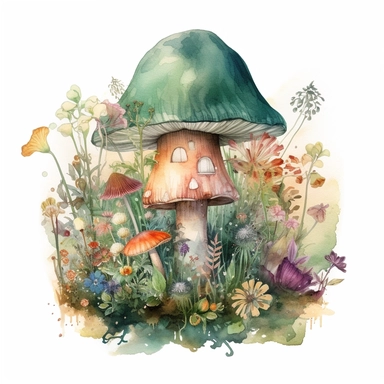 In this watercolor illustration, a mystical mushroom takes center stage, painted with vibrant hues and surrounded by delicate flowers and lush plants. The clipart design captures a magical scene, where fairies flit about in the air, their ethereal forms highlighted against a watercolor backdrop. The white background provides a stark contrast to the dominant spring green color scheme, enhancing the enchanting atmosphere of the artwork. The intricate details of the flora and the playful presence o
