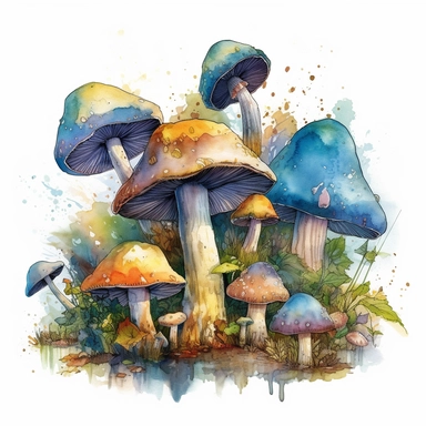 watercolor, hyper realistic, white background, white margins, 16k, ultra detailed clipart, cut out image, hand-drawn illustration style for picture books A group of magical, glowing mushrooms in shades of blue, green, and yellow, fantasy setting