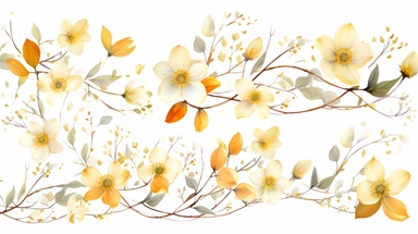 Watercolor clipart of delicate golden dogwood flowers, branches and leaves, on white background