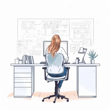 Scandinavian woman in a chair in front of a minimalist empty office desk only with a monitor on it, flowcharts floating above the monitor, back view, draw clipart, isolated on white, uhd