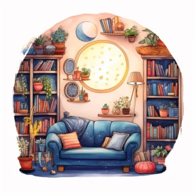 Watercolor Night Reading Nook Clipart Bundle Reading Corner PNG Bookshelf Book clipart Bookworm Cozy Interiour, round frame, on white background