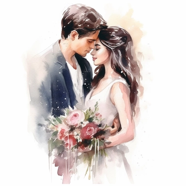 Glamorous and romantic wedding realistic watercolor, the beautiful bride and groom looking at each other with love. Smiling and happy wedding coupe. The bride is wearing long dark hair wearing boho jewelry and a veil, translucent, multi-layered, and delicate, with a bouquet of flowers of very delicate colors, fashion photography, watercolor clipart