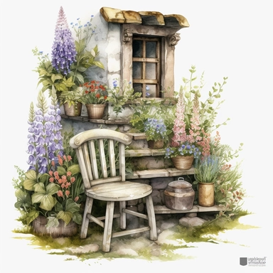 watercolor mixed media masterpiece beautiful white rustic garden seat, richly decorated with lupine, pots with flowers, overgrown with moss, the garden at the back of the house, provence, golden accents, shabby shic style, by Rodney Matthews style and by Daniel Ridgway Knight style and by Nicholas Hely Hutchinson style and by Drew Brophy, Baroque style, PNG clipart, isolated on white, extreme photorealistic details, 32k HD resolution, realistic high detailization high resolution
