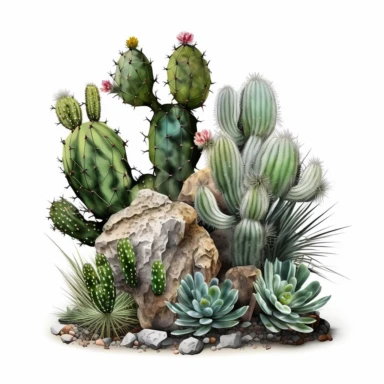 Cactus with thorns and stones mexican green plant with spines and rocks , Sublimation Clipart, on a white background