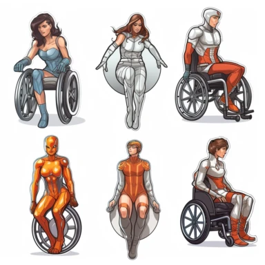 6 clipart elements, series of very hyperdetailed colorful stickers, beautiful superhero women with disabilities using aids, marvel style, superheros, each sticker with a clear white outline between each element, light grey background, realistic
