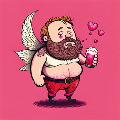 nthropomorphic bearded beer belly man with fairy wings, Beer Cupid, Drunk, red and pink, cartoon doodle, funny, cute, valentines day art, no words, vector clip art, detailed lines, plain background