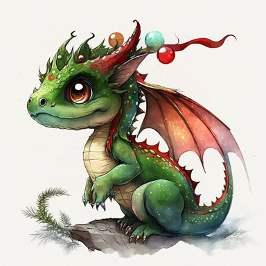 watercolor, full body baby christmas dragon, cute, big eyes, clip art, colorful ar 2:3