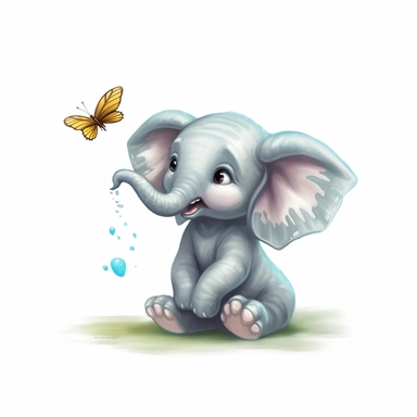 cute baby elephant chasing a butterfly, clipart, white background