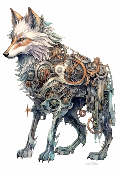 Steampunk Gray wolf clipart, realistic, Watercolor Retro Futuristic Victorian Era, art picture, full body, watercolor, multicolor, white background, lots of details, high quality - 8K,