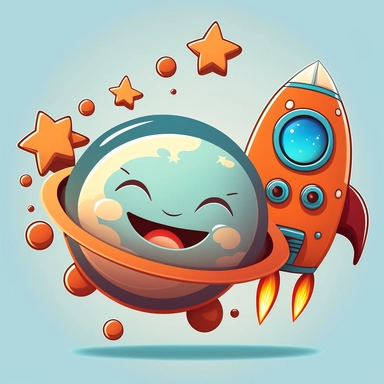a smyling rocket flying with a robotic friend in metl in a star shape. cartoon, clipart style, vector style, comic.