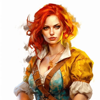 beautiful stunning pretty young woman as Triss from The witcher character, paint art style, clipart, white background, superrealistic, one of a kind