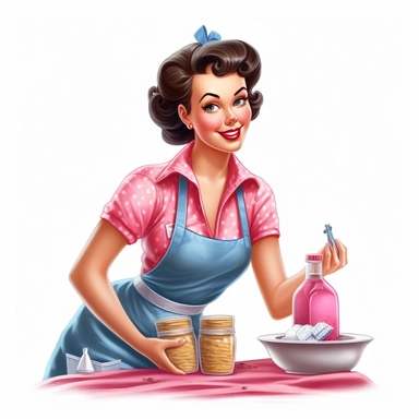 beautiful pretty pin up woman, makeup and hair 50's style, diferent poses,maid dressed, paint art style, cleaning furniture 50's style, detail, clipart, white background, superrealistic, one of a kind