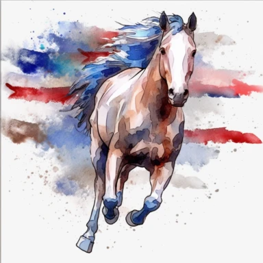 watercolor patriotic mustang horse running. no background. clipart styles. ar:16:9