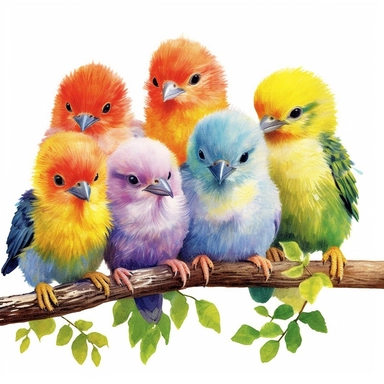 Baby tropical birds, clipart illustration, photorealistic, oil paint, happy, beautiful, vibrant colors, cute, ultra detailed, on white background - - no cut off
