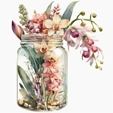 watercolor Cybidium Orchid Clipart Cybidium Orchid floral bouquet in the jar, white background, no text