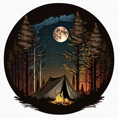 tent in woods, night time, moon, nature, clip art, illustration, clipart, camp fire, in a circle