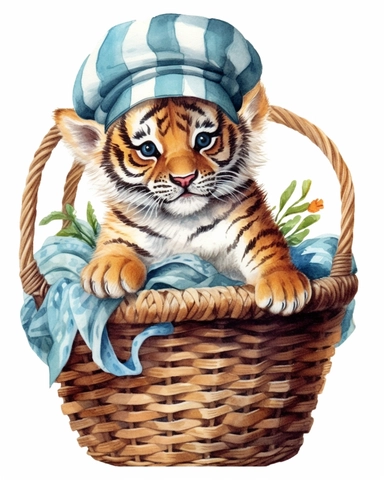 detailed watercolor Baby tiger on a basket with cap , hyper realistic, isolated on a white background, clipart