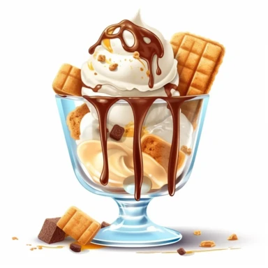 ice cream in transparent glass with cookies whipped cream syrup chocolate sticks candies digital clipart on white background