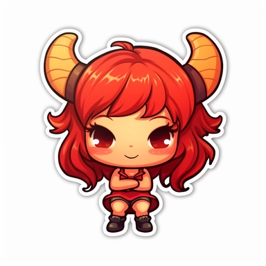 Chibi style,little red devil horns on top of head, clipart, in sticker style, in comics style, cell shading, kawaii, sticker, white background, die cut